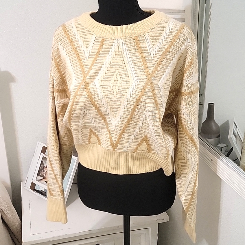 Lush Cream and Tan Cropped Crew Neck Sweater